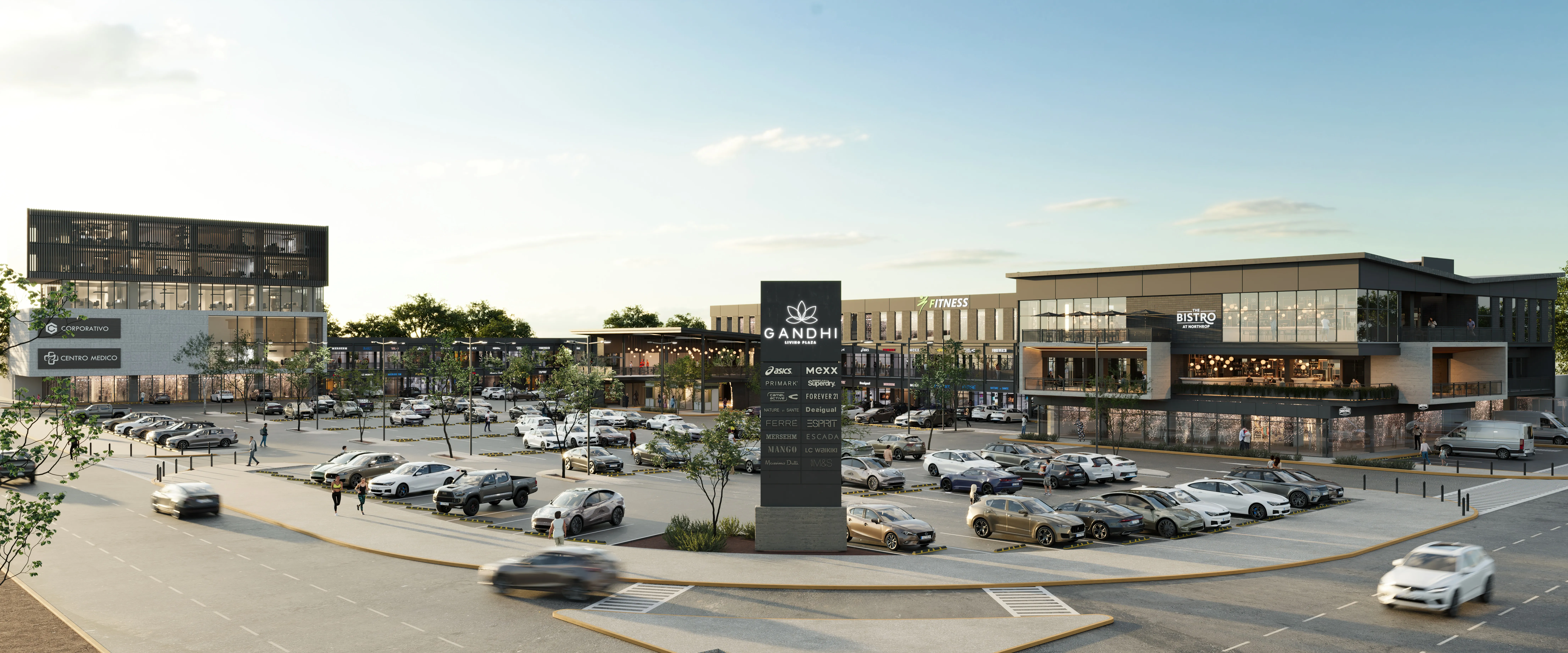 Render de esquina comercial y anclas de Gandhi Living Plaza